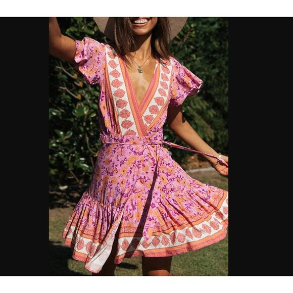 Wrap V Neck Bohemian Floral Print Ruffle Swing A Line‎ Beach Mini Dress - Picture 1 of 7